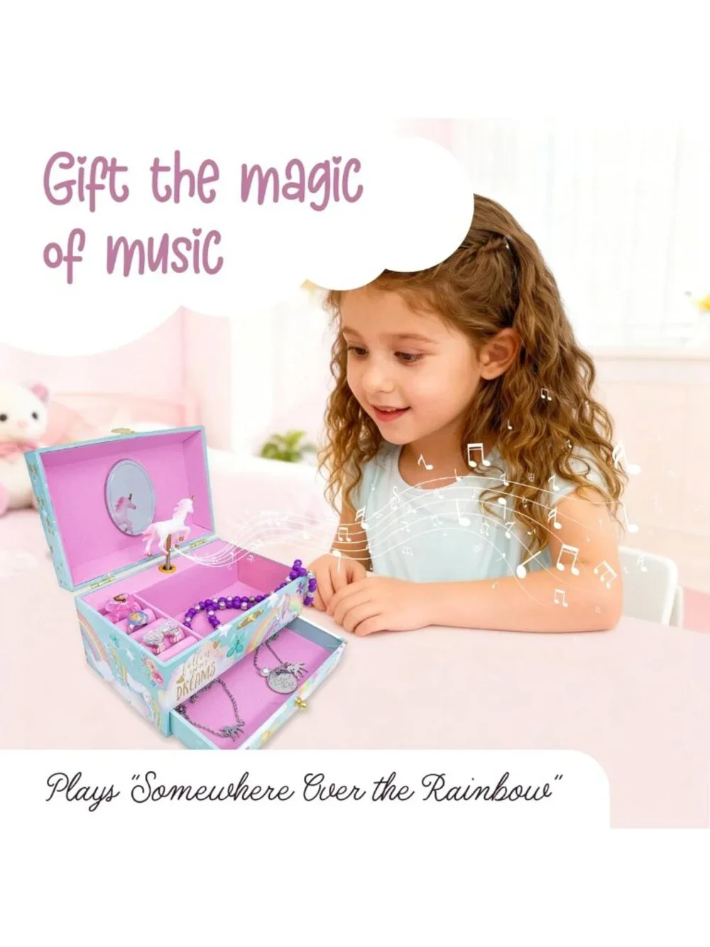 Unicorn Musical Jewelry Box for Kids - Classic Melody, Storage Organizer, MDF